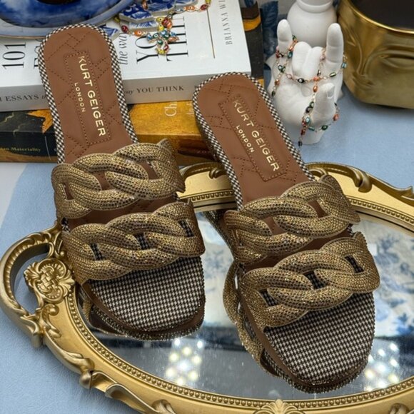 🆕 KURT GEIGER LONDON 🧿 NWOB Crystal Chain Flat Sandal, Gold - Sz EU37 US 7 - Picture 4 of 15